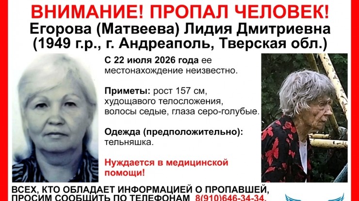 В Тверской области пропала пожилая женщина в тельняшке - новости ТИА