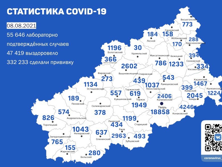 Карта коронавируса по районам Тверской области по данным на 8 августа - ТИА