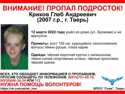ВПСО "Сова" подключился к поиску пропавшего подростка Глеба Крикова - Новости ТИА