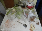 На кухне разбросаны остатки пищи: гнилая груша, крошки хлеба и завядшие листья салата. Вот и вся еда